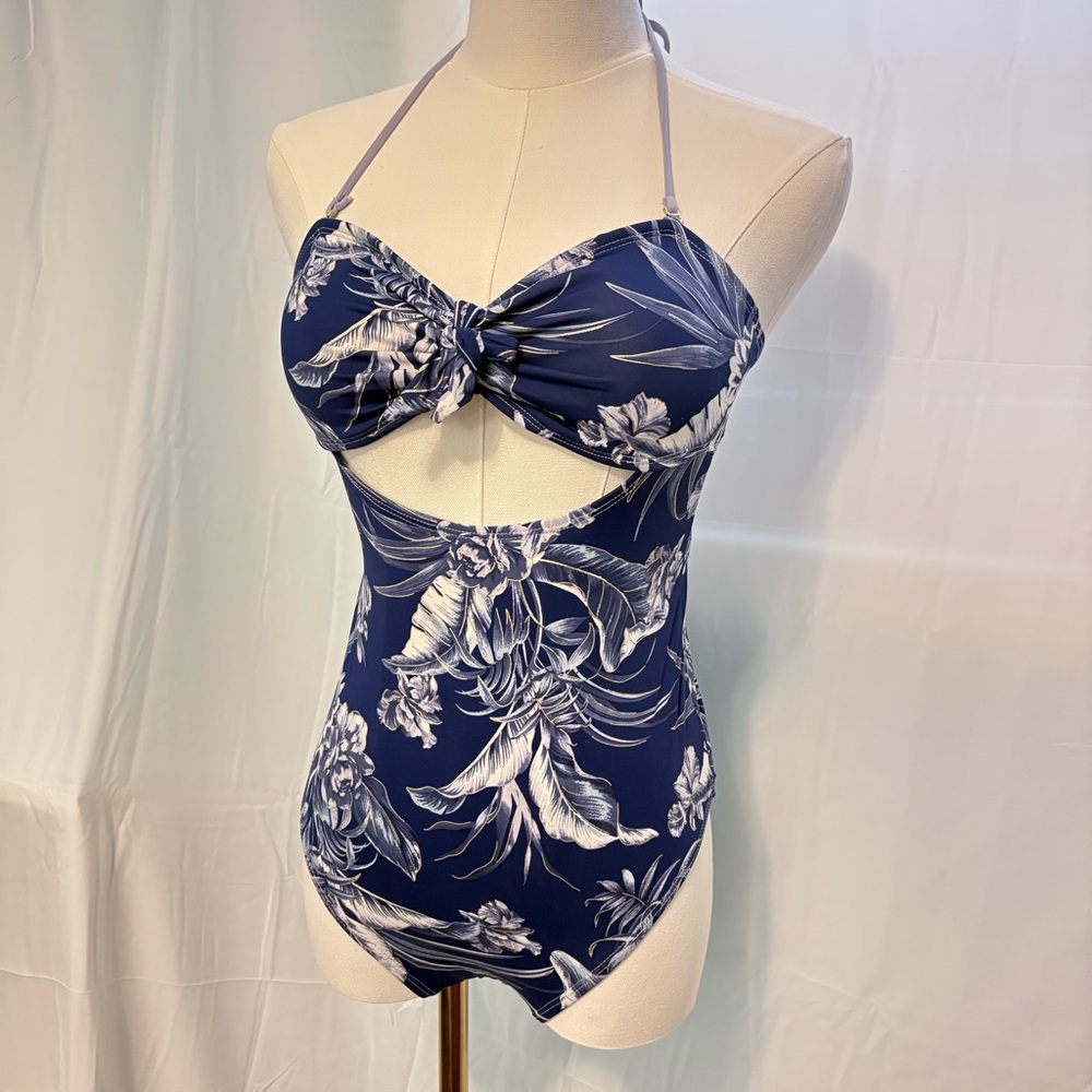 Ambrielle Navy Floral Cutout Swimsuit